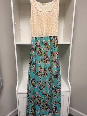 Liberty Love Cream Beaded Bodice Teal Floral Maxi Dress